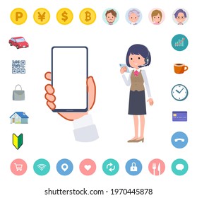 A set of business women with income looking at a smartphone screen.It's vector art so easy to edit.The inside of the screen is transparent, so it is easy to fit.