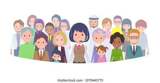 A set of business women with income standing in front of a large number of people.It's vector art so easy to edit.