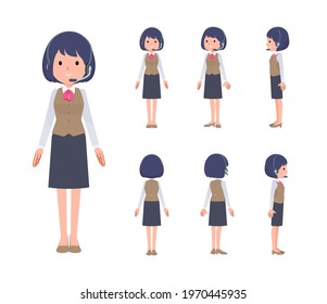 A set of business women with income standing.Front, side and back angles.It's vector art so easy to edit.