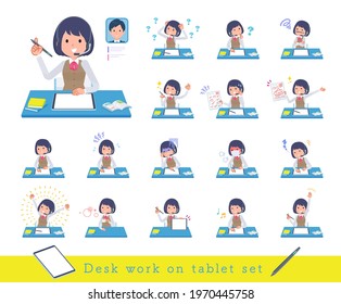A set of business women with income studying on a tablet device.It's vector art so easy to edit.
