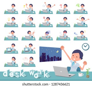 A set of Business women on desk work.There are various actions such as feelings and fatigue.It's vector art so it's easy to edit.