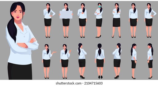 Set Of Business Women Vector Characters Design In Black And White Dress Diffrent Posses Front Back And Side View Real Character Style