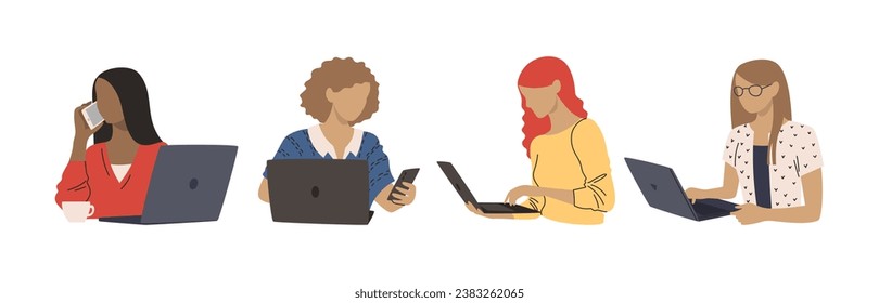 Set of business women. Vector illustration of diverse multiethnic women with laptop and smartphone. Business lady isolated on white