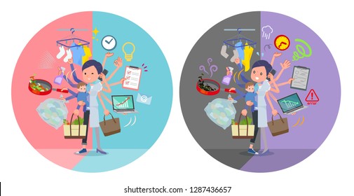 A set of Business women who perform multitasking in offices and private.There are things to do smoothly and a pattern that is in a panic.It's vector art so it's easy to edit.