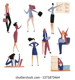 Set of business women work and rest at work. Vector illustration
