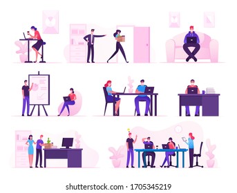 Set Business and Work Activity during Covid19 Global Pandemic. Characters Wearing Medical Masks Leaving Job for Quarantine and Self Isolation. Boss Dismiss Employee. Cartoon Vector People Illustration