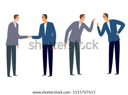 A set of business workers in suits negotiating.  Debating and shaking hands. Negotiation issues illustration for your design. 