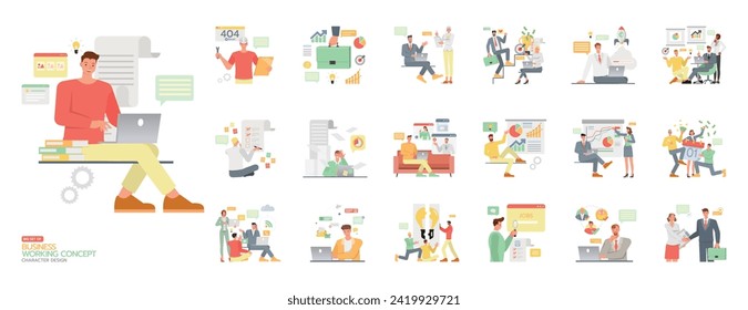 Set of Business working concept. Includes job, network, office, project, presentation, research, salary, success, teamwork, technician illustration. Office man and woman character vector design. 