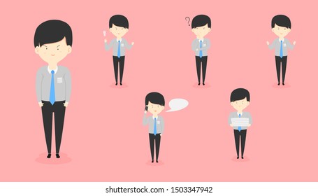set of the business working man standing for holding paper and get new ideas and have problem question. character design. vector illustration eps10