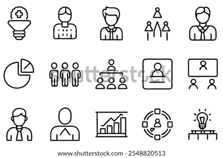 Set of business workshop icons, representing teamwork, training, and professional development. Perfect for corporate events, seminars, and educational content. Clean vector design.