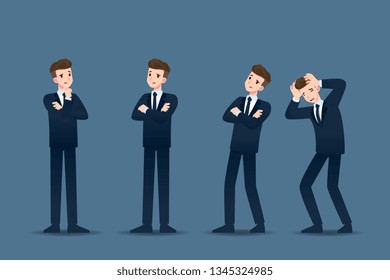 Set of businessman in 4 different gestures. People in business character poses like thinking, concern. Vector illustration design.