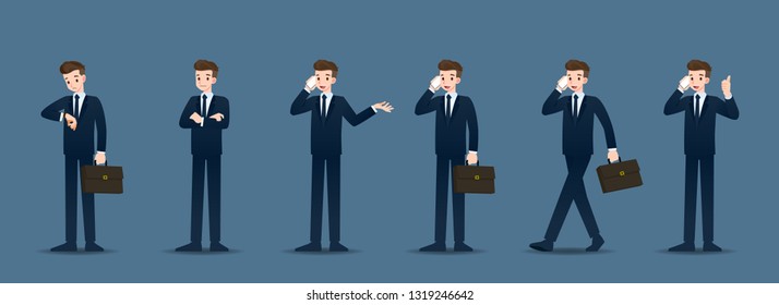 Set of businessman in 6 different gestures. People in business character poses like waiting, communicate and successful. Vector illustration design.