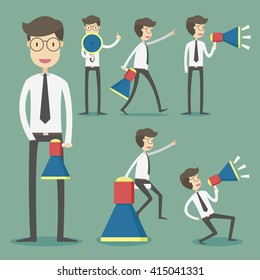 Set of businessman announcing through megaphone.