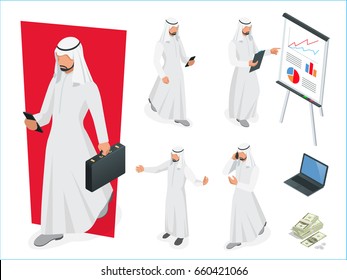 Set of Businessman Arab Man on white background. Isometric character poses. Cartoon people. Create your own design for vector