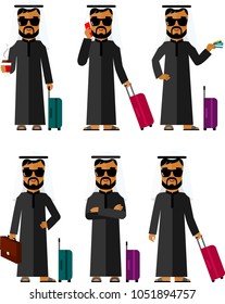 Set of businessman arab traveler with  baggage in different poses. Different muslim man tourist with luggage in flat style.
