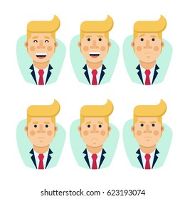 Set of businessman avatars with facial emotions. Happy, joyful, pensive, sad and angry businessman