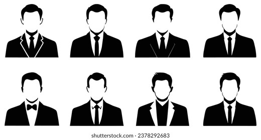 Set of businessman black silhouette in suit, vector illustration isolated on white background
