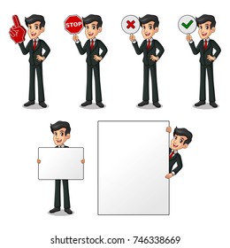 Set of businessman in black suit cartoon character design holding a blank empty sign board banner billboard card poster, number one big foam hand finger, stop, right correct yes and wrong no signs.