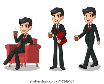 Set of businessman in black suit cartoon character design making a break relaxing with holding drinking a coffee tea, isolated against white background.