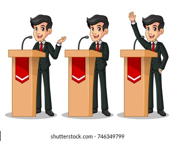 Set of businessman in black suit cartoon character design politician orator public speaker giving a talk speech presentation standing behind rostrum podium, isolated against white background.
