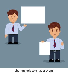Set of businessman with blank white banner in various action. Character male in the flat design.
