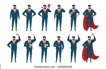 set of Businessman in blue suite showing different gestures character vector flat design,Business cartoon simple design with office man be successful concept,victory person in success pose.