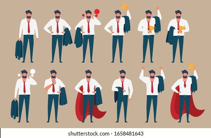 Set Of Businessman In Blue Suite Showing Different Gestures Character Vector Flat Design,Business Cartoon Simple Design With Office Man Be Successful Concept,victory Person In Success Pose.