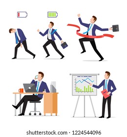 Set businessman with briefcase in different situations, vigorous and tired, crossing finish red line, busy with phone and laptop at work, presenting project results, vector illustration
