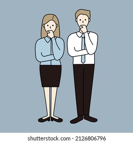 Set of businessman and businesswoman cartoon characters thinking with hand on chin. Serious facial expression. Hand drawn style vector illustrations isolated on blue background.