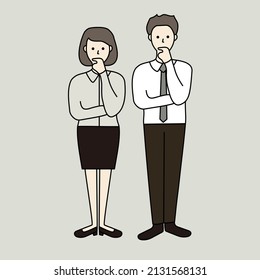 Set of businessman and businesswoman cartoon characters thinking with hand on chin. Serious facial expression. Hand drawn style vector illustrations isolated on blue background.