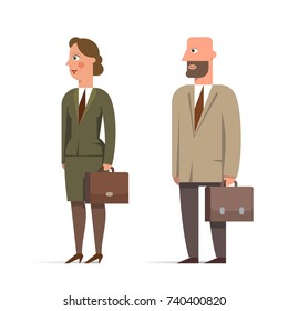 Set of businessman and businesswoman character flat illustrations. Man with briefcase and woman with folder. Business dress-coat, blue suit. Vector illustration.