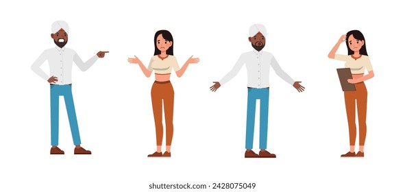 Conjunto de hombre de negocios y mujer de negocios de diseño de vector de carácter. Personas indias trabajando en planificación de oficinas, pensamiento y análisis económico. Ilustración de personas de negocios que expresan rabia y tristeza.