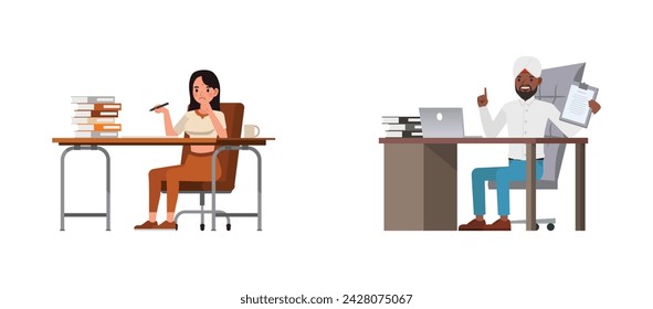 Set of Businessman and businesswoman character vector design. Indian people working in office planning, thinking and economic analysis. Business people working and thinking illustration.
