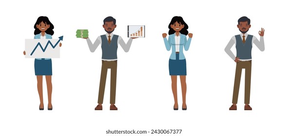 Set of Businessman and businesswoman character vector design. Indian people holding money and growth graph illustration. Presentation in various action.