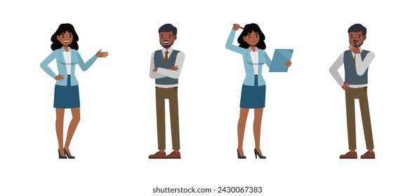 Set of Businessman and businesswoman character vector design. Indian people working in office planning and thinking illustration. Presentation in various action.