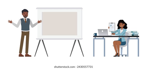 Set of Businessman and businesswoman character vector design. Indian people presentation on whiteboard with growth graph illustration. Presentation in various action.