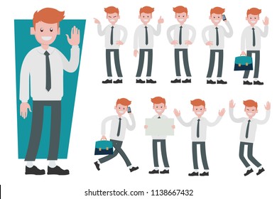 Set of businessman cartoon character design with different poses, isolated against white background.