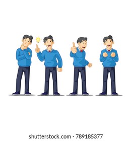 Set of businessman cartoon character design get great idea inspiration light bulb, thinking thoughtful gesture, celebrating victory winner successful success with raised up arms. thum up.