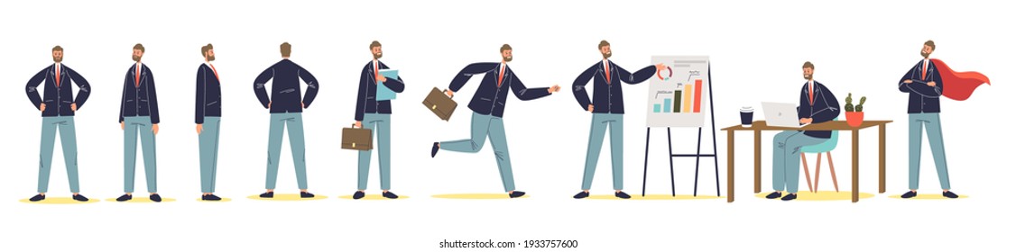 Set of businessman cartoon character in different poses standing, working, presenting and running. Successful business man, office manager or boss on white background. Flat vector illustration