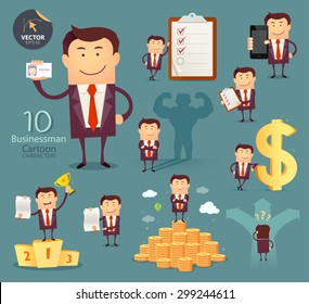 Set of businessman cartoon characters. Vector illustration. Successful business.