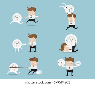 set of businessman cartoon with clock, time management concept vector illustration