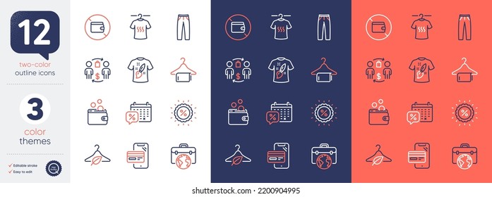 Set of Businessman case, Slow fashion and Buying process line icons. Include Wallet money, Clean towel, Wallet icons. Pants, Discounts calendar, Online shopping web elements. Vector