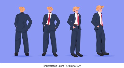 set businessman in casual trendy clothes male cartoon character standing pose different angles view full length horizontal vector illustration
