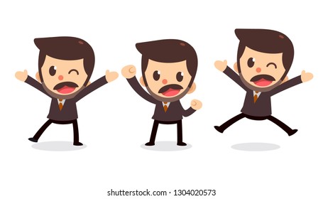 Set of Businessman character in actions. Isolated vector. Glad and happy.