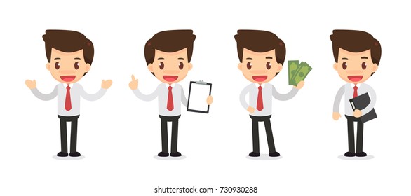 Set of Businessman character in actions. Isolated vector.
