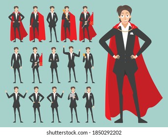 Set of Businessman character design in black suite showing different gestures character vector flat design,Business cartoon simple design with office man be successful concept.