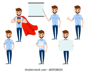Set of Businessman character design. Funny cartoon Business mans in casual clothes. Emotions and expressions. Vector illustration isolated on white background.