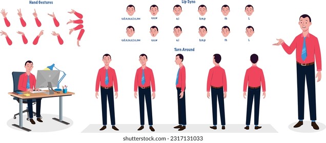 Set of Businessman character design. Character Model sheet. Front, side, back view animated character. Businessman character creation set with various views, poses and gestures. Cartoon style - Shutterstock ID 2317131033