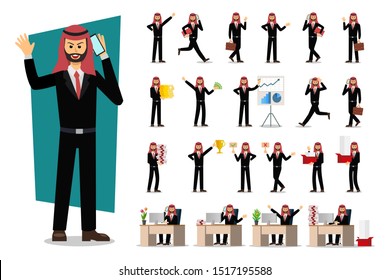 Set of Businessman character design, Muslim businessman. Vector illustration.