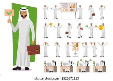 Set of Businessman character design, Muslim, Arab. Vector illustration.